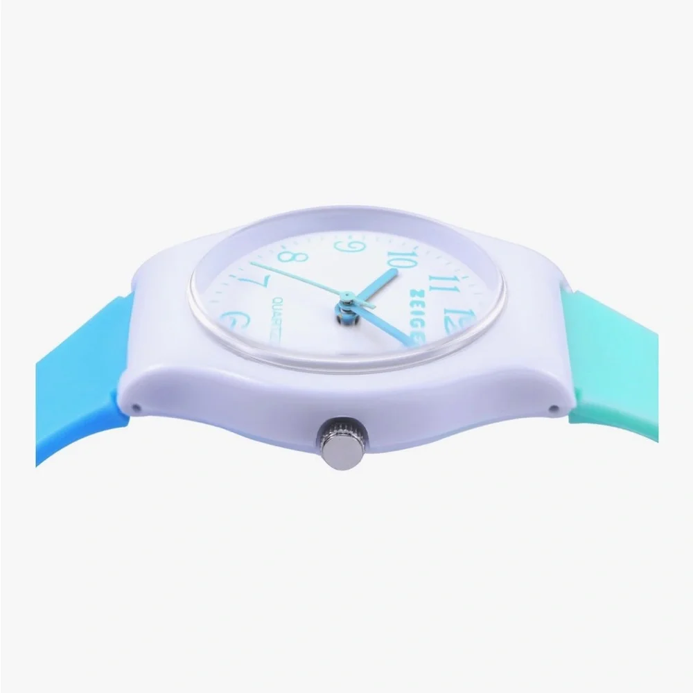 ZEIGER Kids Teenager Sports Wrist Watch Time Teacher Blue & White Silicone Band
